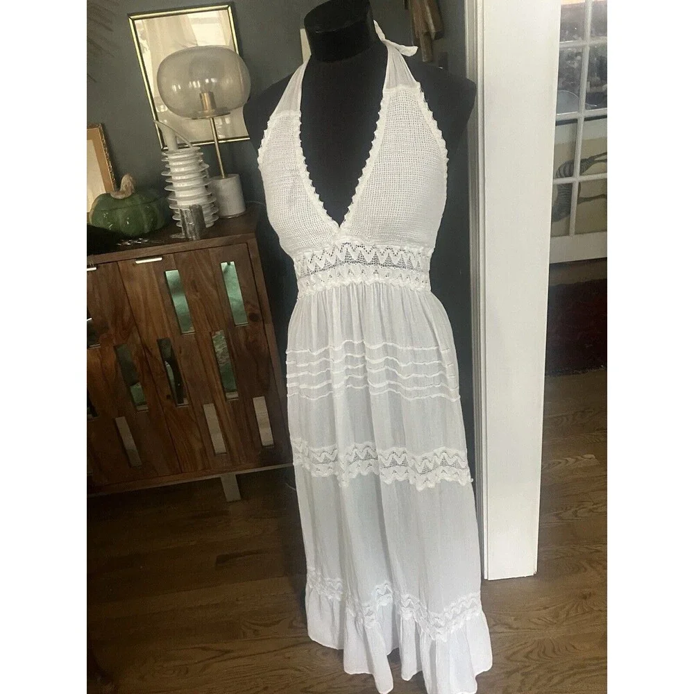 Seaspice Womens Daphne Dress Size L White Halter Maxi Sheer Lace Beachy Bridal - Picture 1 of 7